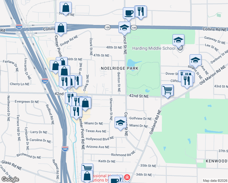 map of restaurants, bars, coffee shops, grocery stores, and more near 4208 Sherman Street Northeast in Cedar Rapids