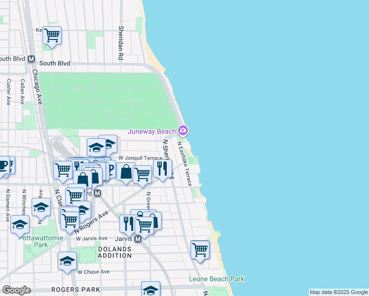 map of restaurants, bars, coffee shops, grocery stores, and more near 7751 North Eastlake Terrace in Chicago