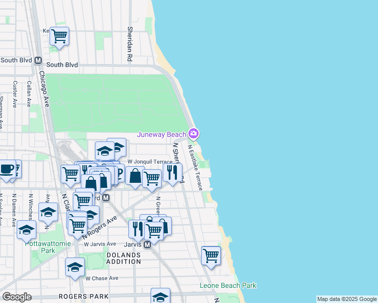 map of restaurants, bars, coffee shops, grocery stores, and more near 7758 North Eastlake Terrace in Chicago