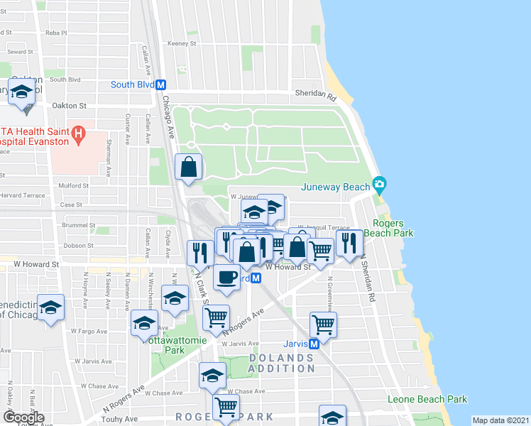 map of restaurants, bars, coffee shops, grocery stores, and more near 7740 North Marshfield Avenue in Chicago