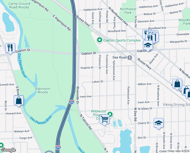 map of restaurants, bars, coffee shops, grocery stores, and more near 836 Goodwin Drive in Park Ridge