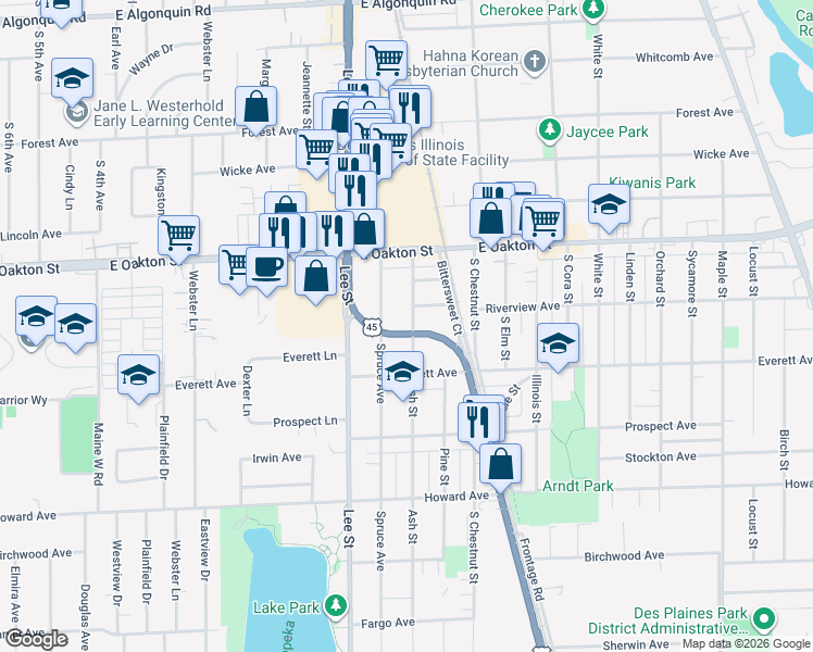 map of restaurants, bars, coffee shops, grocery stores, and more near 1673 Spruce Avenue in Des Plaines