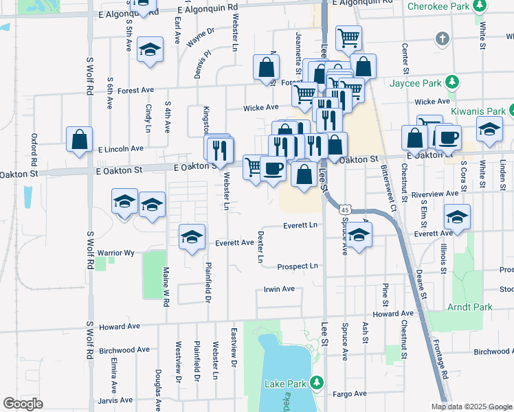 map of restaurants, bars, coffee shops, grocery stores, and more near in Des Plaines