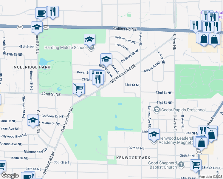 map of restaurants, bars, coffee shops, grocery stores, and more near 911 Old Marion Road Northeast in Cedar Rapids