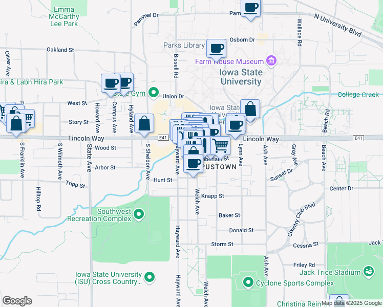 map of restaurants, bars, coffee shops, grocery stores, and more near 2528 Lincoln Way in Ames