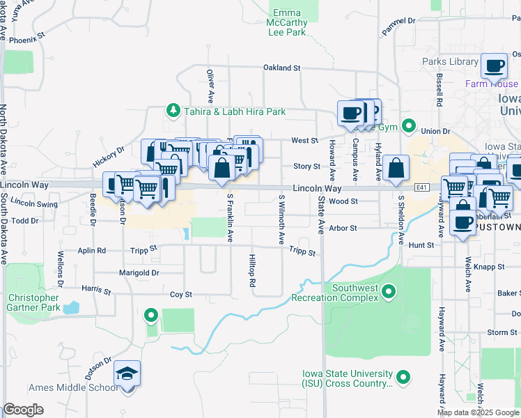 map of restaurants, bars, coffee shops, grocery stores, and more near 3326 Lincoln Way in Ames