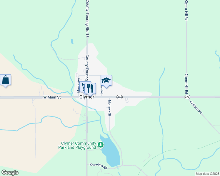 map of restaurants, bars, coffee shops, grocery stores, and more near 8672 West Main Street in Clymer