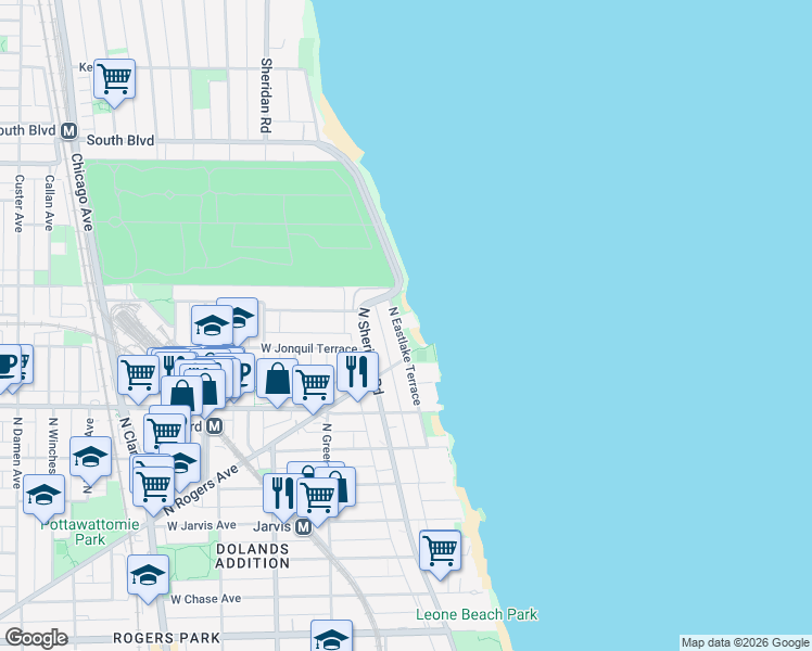 map of restaurants, bars, coffee shops, grocery stores, and more near 7751 North Eastlake Terrace in Chicago