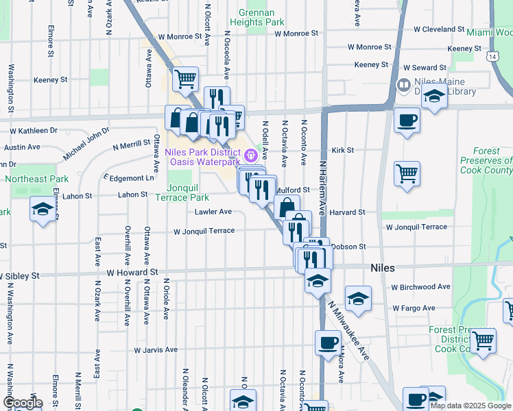 map of restaurants, bars, coffee shops, grocery stores, and more near 7742 Illinois 21 in Niles