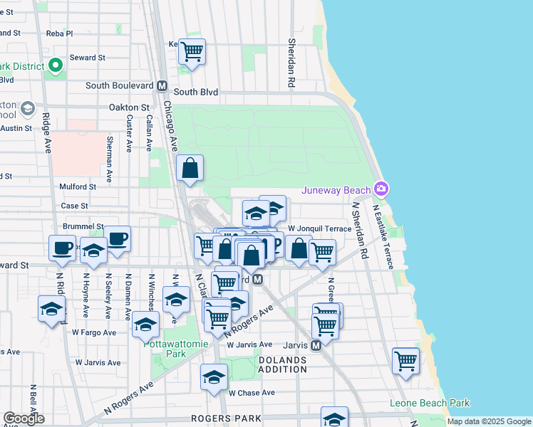 map of restaurants, bars, coffee shops, grocery stores, and more near 7722 North Marshfield Avenue in Chicago