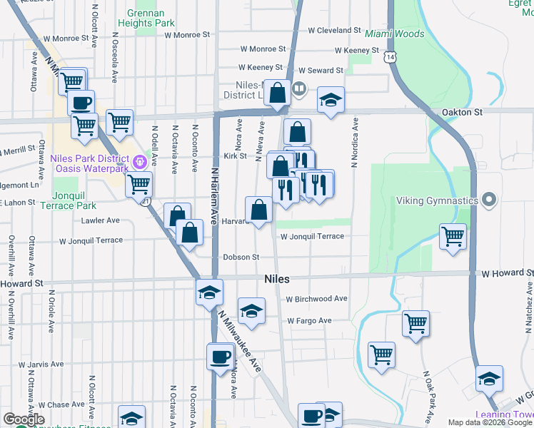 map of restaurants, bars, coffee shops, grocery stores, and more near 7744 North Waukegan Road in Niles