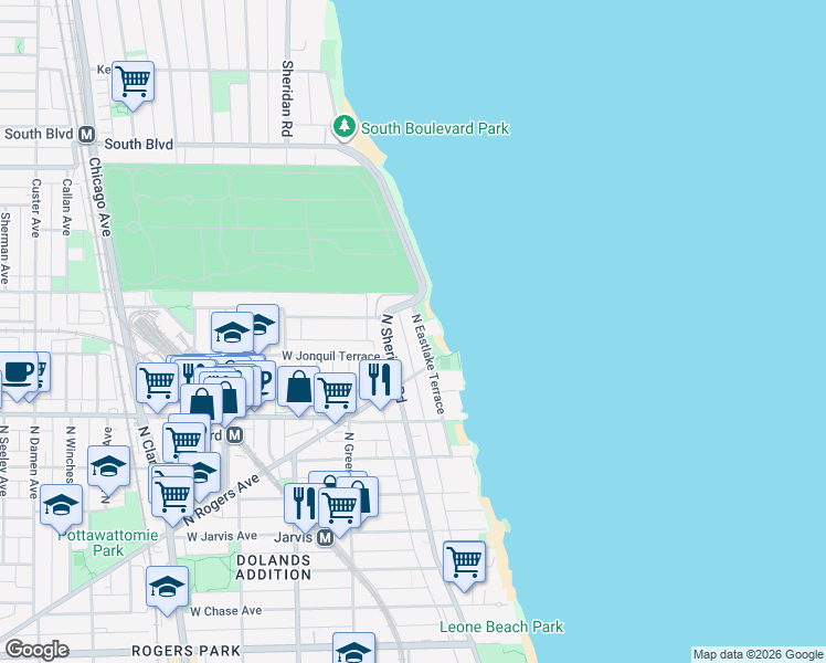 map of restaurants, bars, coffee shops, grocery stores, and more near 7736 North Eastlake Terrace in Chicago