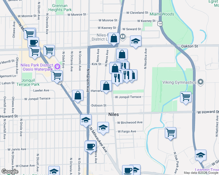 map of restaurants, bars, coffee shops, grocery stores, and more near 7744 North Waukegan Road in Niles