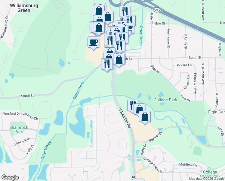 map of restaurants, bars, coffee shops, grocery stores, and more near 398 South Randall Road in Elgin