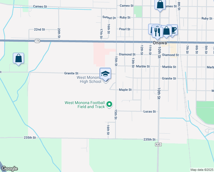 map of restaurants, bars, coffee shops, grocery stores, and more near 1314 15th Street in Onawa