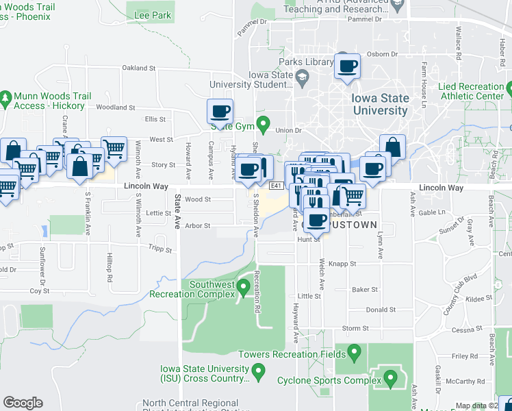 map of restaurants, bars, coffee shops, grocery stores, and more near 159 South Sheldon Avenue in Ames