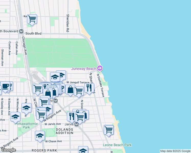 map of restaurants, bars, coffee shops, grocery stores, and more near 7758 North Eastlake Terrace in Chicago