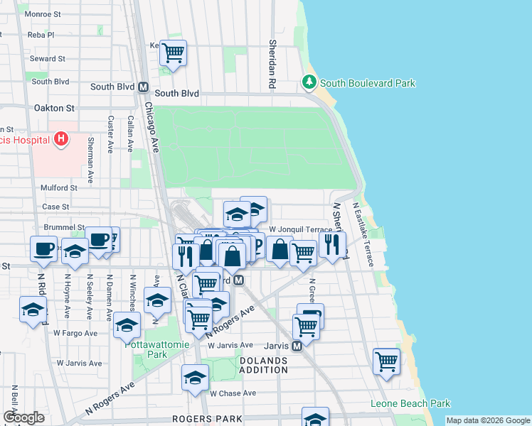 map of restaurants, bars, coffee shops, grocery stores, and more near 7724 North Ashland Avenue in Chicago
