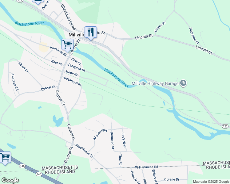 map of restaurants, bars, coffee shops, grocery stores, and more near 79 Hope Street in Millville