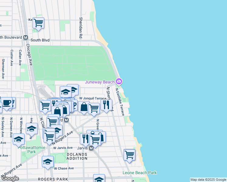 map of restaurants, bars, coffee shops, grocery stores, and more near 7758 North Eastlake Terrace in Chicago