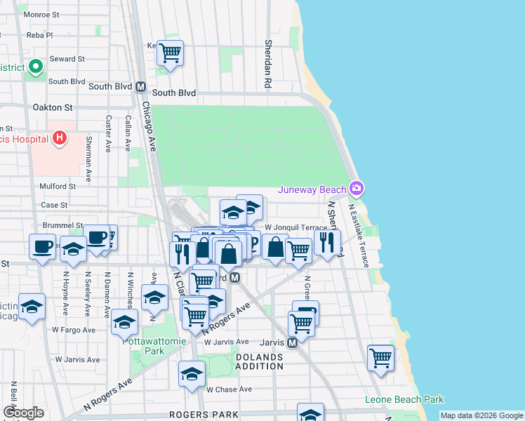 map of restaurants, bars, coffee shops, grocery stores, and more near 7726 North Ashland Avenue in Chicago