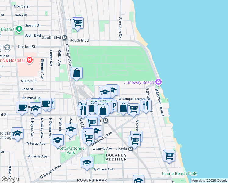 map of restaurants, bars, coffee shops, grocery stores, and more near 7740 North Marshfield Avenue in Chicago