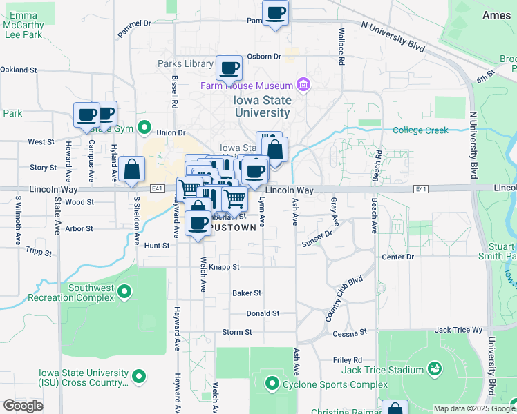 map of restaurants, bars, coffee shops, grocery stores, and more near 2302 Lincoln Way in Ames