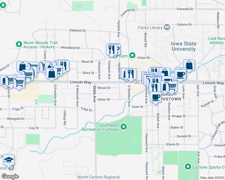 map of restaurants, bars, coffee shops, grocery stores, and more near 2903 Wood Street in Ames