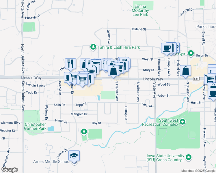 map of restaurants, bars, coffee shops, grocery stores, and more near 3510 Lincoln Way in Ames