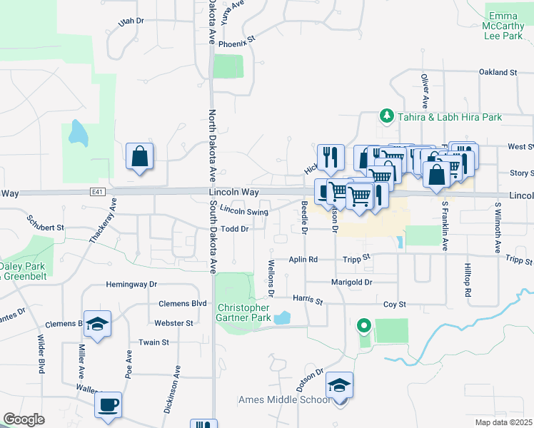map of restaurants, bars, coffee shops, grocery stores, and more near 4211 Lincoln Swing Street in Ames