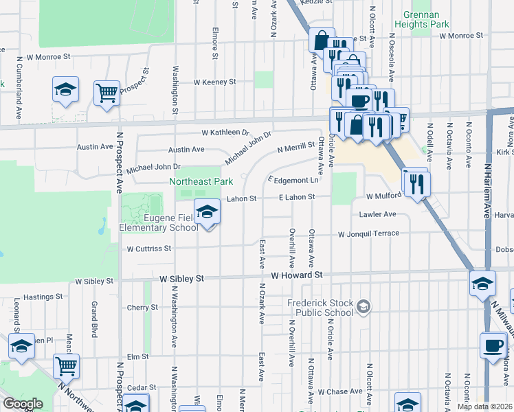 map of restaurants, bars, coffee shops, grocery stores, and more near 100 East Lahon Street in Park Ridge