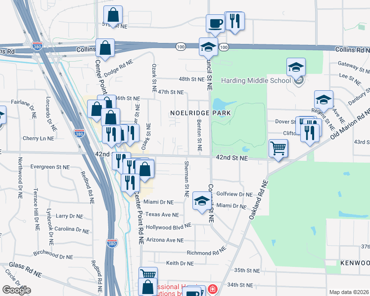 map of restaurants, bars, coffee shops, grocery stores, and more near 4301 Sherman Street Northeast in Cedar Rapids