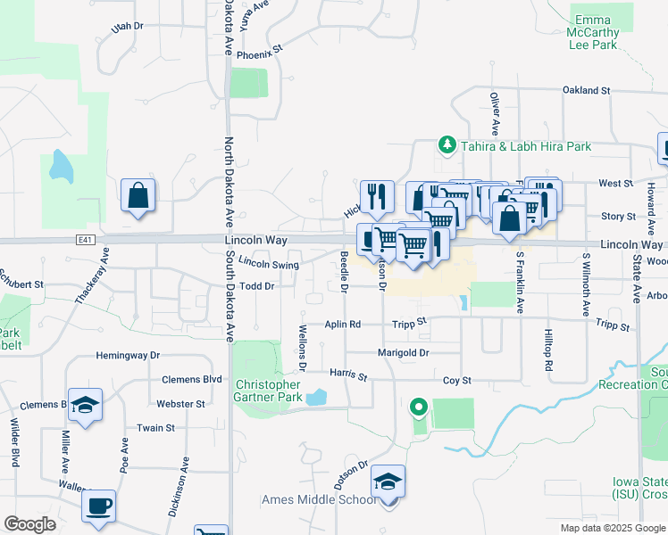 map of restaurants, bars, coffee shops, grocery stores, and more near 4112 Lincoln Swing Street in Ames