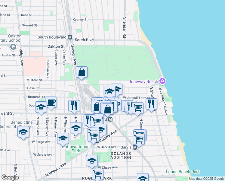 map of restaurants, bars, coffee shops, grocery stores, and more near 7726 North Marshfield Avenue in Chicago