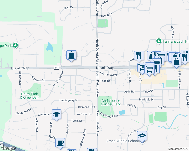 map of restaurants, bars, coffee shops, grocery stores, and more near in Ames