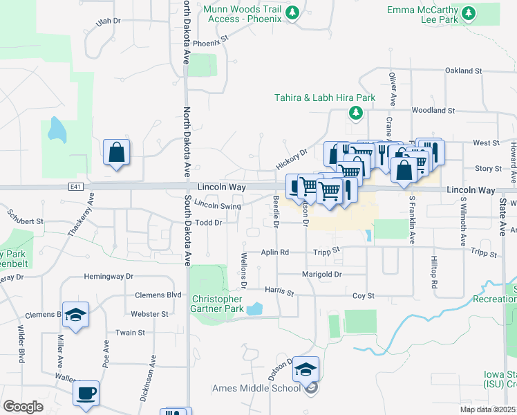 map of restaurants, bars, coffee shops, grocery stores, and more near 4120 Lincoln Swing Street in Ames
