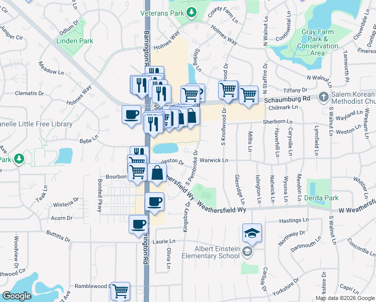 map of restaurants, bars, coffee shops, grocery stores, and more near Raleigh Court in Schaumburg