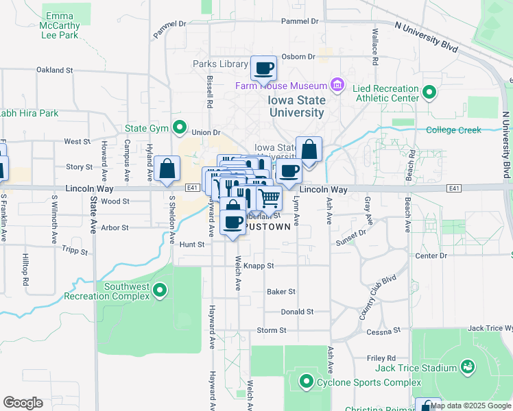 map of restaurants, bars, coffee shops, grocery stores, and more near 2420 Lincoln Way in Ames