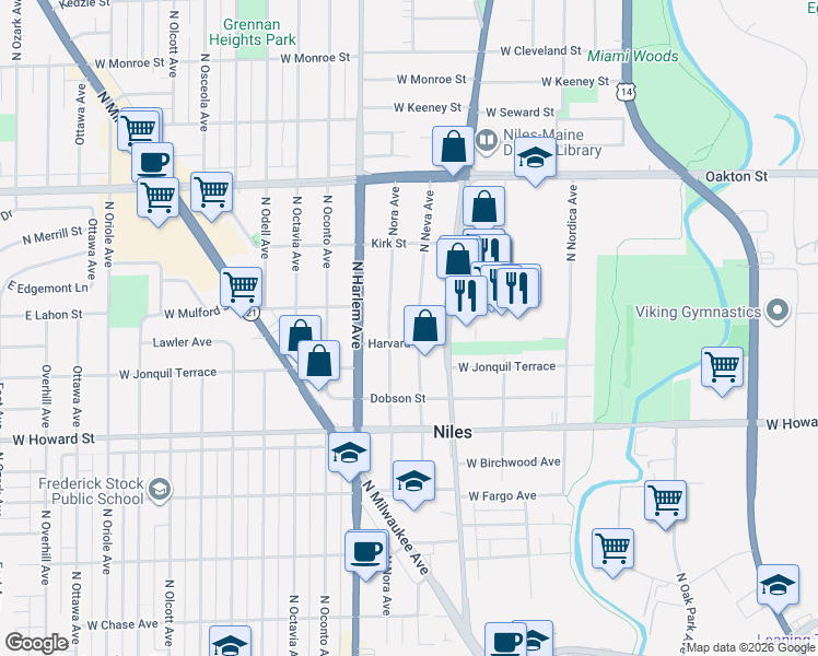 map of restaurants, bars, coffee shops, grocery stores, and more near 7757 North Neva Avenue in Niles