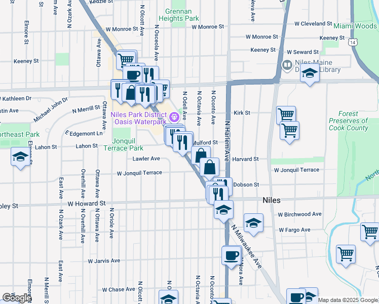 map of restaurants, bars, coffee shops, grocery stores, and more near 7742 Illinois 21 in Niles