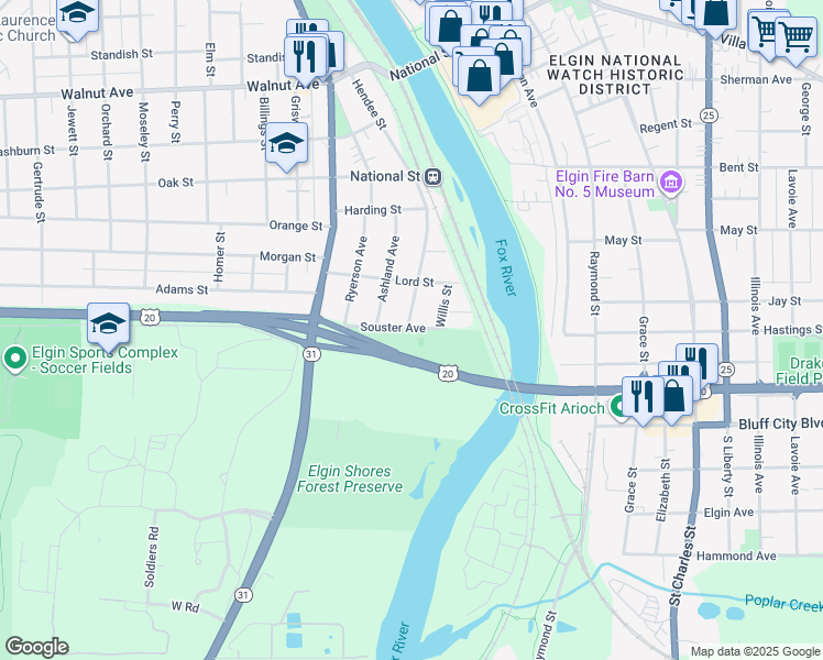 map of restaurants, bars, coffee shops, grocery stores, and more near 51 Souster Avenue in Elgin