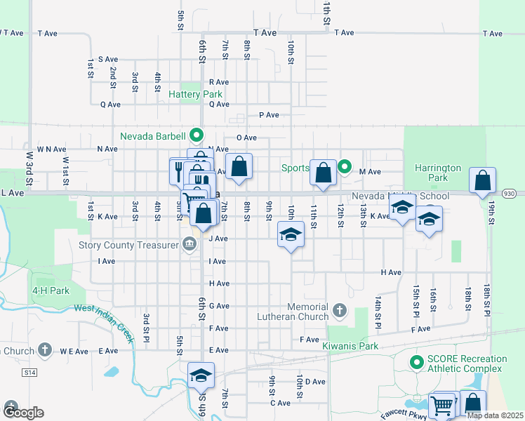 map of restaurants, bars, coffee shops, grocery stores, and more near 1110 9th Street in Nevada