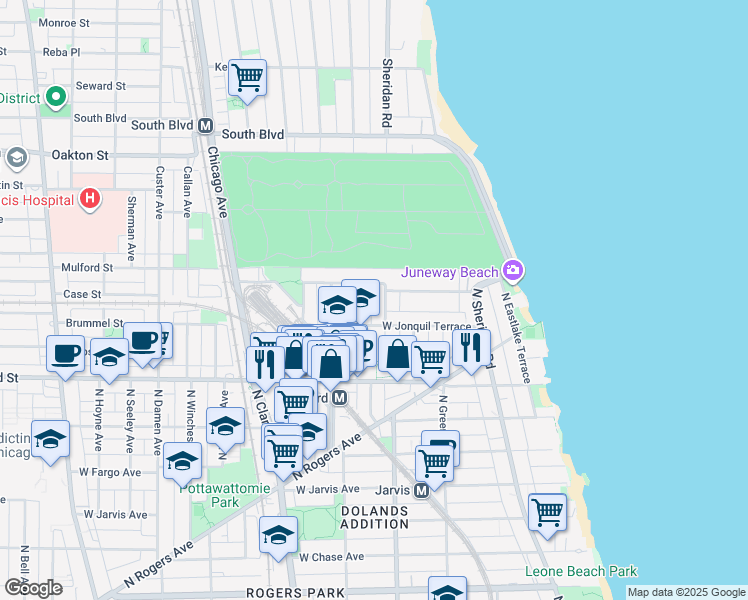 map of restaurants, bars, coffee shops, grocery stores, and more near 7726 North Ashland Avenue in Chicago