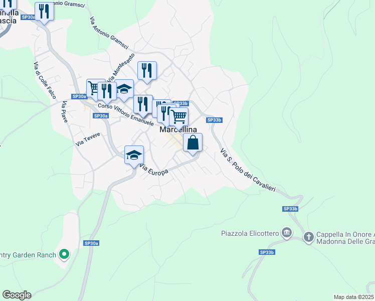 map of restaurants, bars, coffee shops, grocery stores, and more near Strada Provinciale 33b in Marcellina