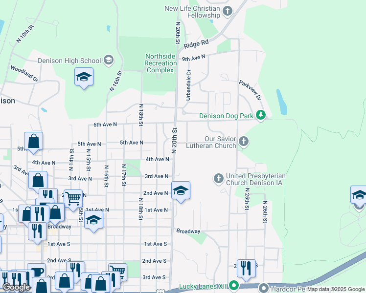map of restaurants, bars, coffee shops, grocery stores, and more near 2000-2096 Bel Aire Dr in Denison