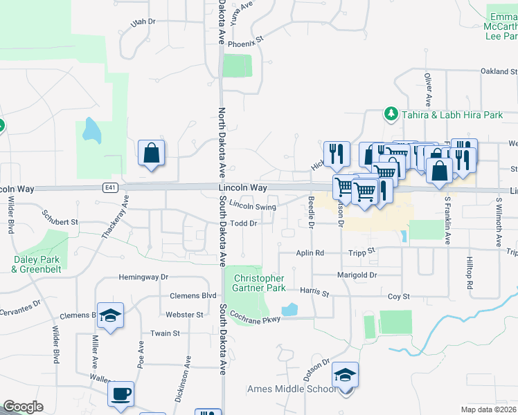 map of restaurants, bars, coffee shops, grocery stores, and more near 4317 Lincoln Swing Street in Ames