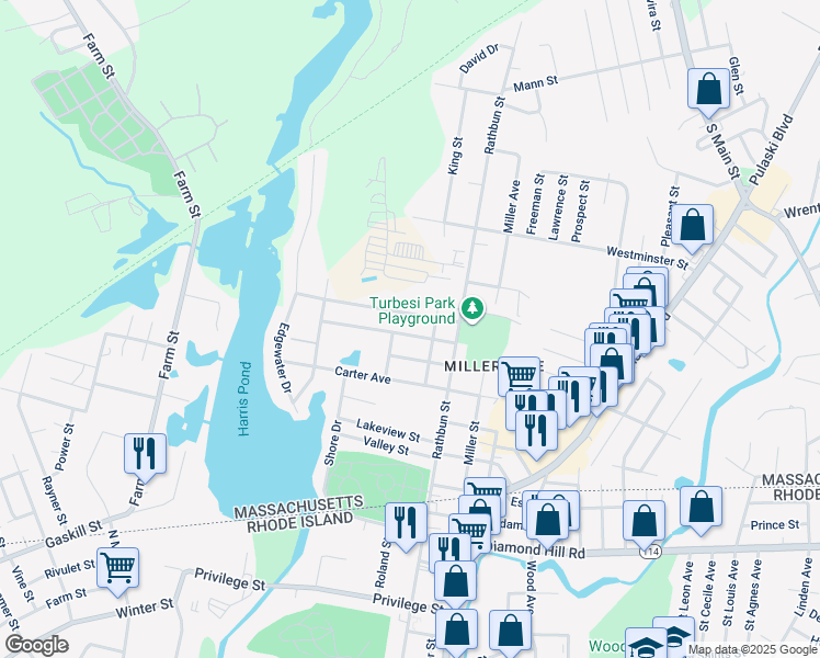 map of restaurants, bars, coffee shops, grocery stores, and more near 37 Montcalm Avenue in Blackstone