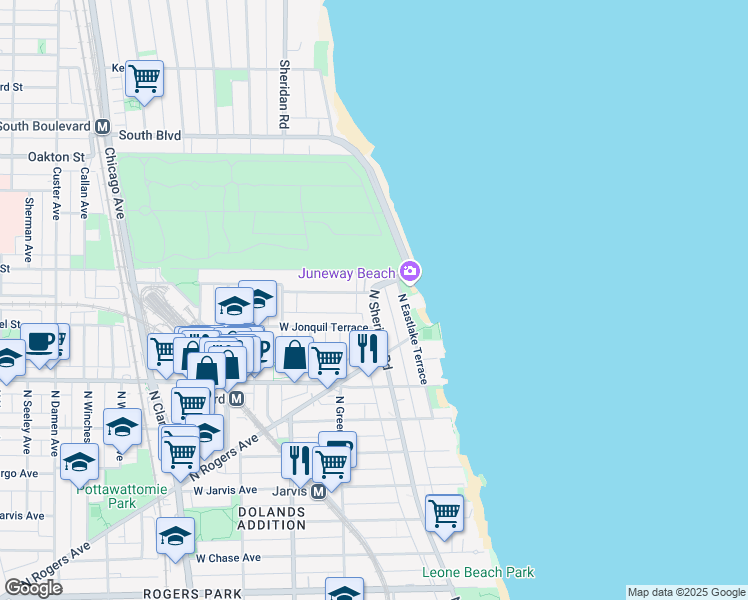 map of restaurants, bars, coffee shops, grocery stores, and more near 1416 West Juneway Terrace in Chicago
