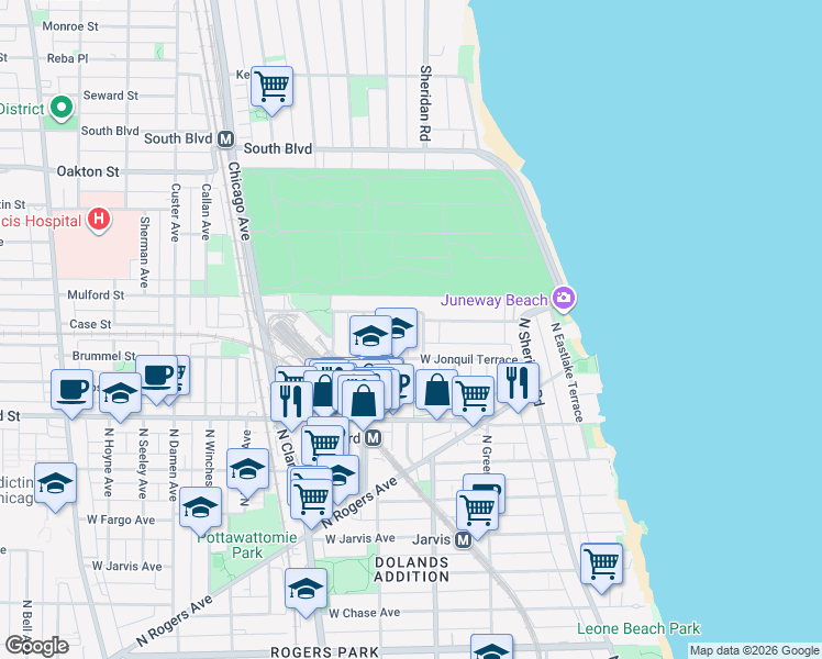 map of restaurants, bars, coffee shops, grocery stores, and more near 7726 North Ashland Avenue in Chicago