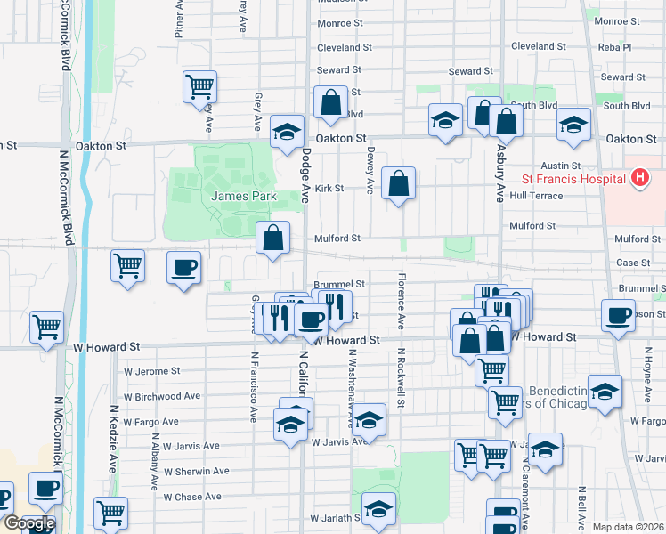 map of restaurants, bars, coffee shops, grocery stores, and more near 1716 Mulford Street in Evanston